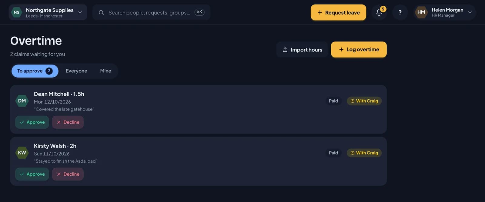 RotaTiger overtime: two claims waiting for approval, each with the hours, the date, the person's note and Approve and Decline buttons