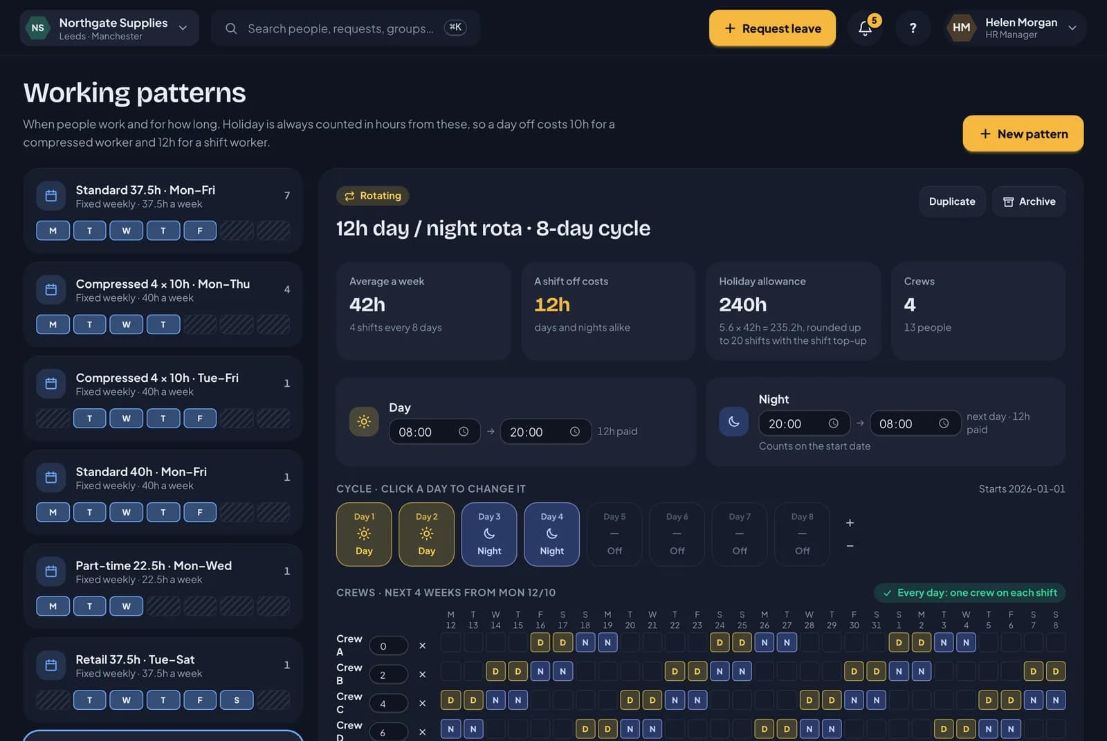 RotaTiger working patterns: a 12-hour day and night rota on an 8-day cycle, with four crews, the shift times, and a four-week preview showing one crew on each shift every day
