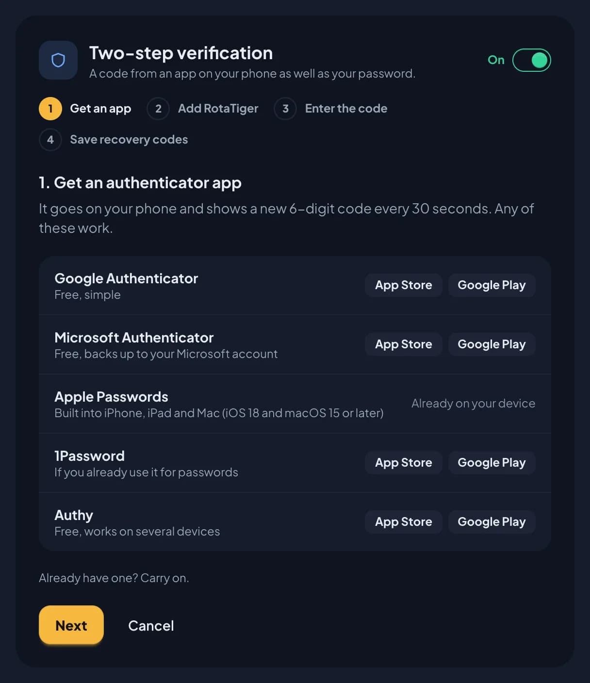 Step 1 of 4, Get an authenticator app: a list of Google Authenticator, Microsoft Authenticator, Apple Passwords, 1Password and Authy, each with App Store and Google Play buttons except Apple Passwords, which says Already on your device. Next and Cancel buttons are at the bottom
