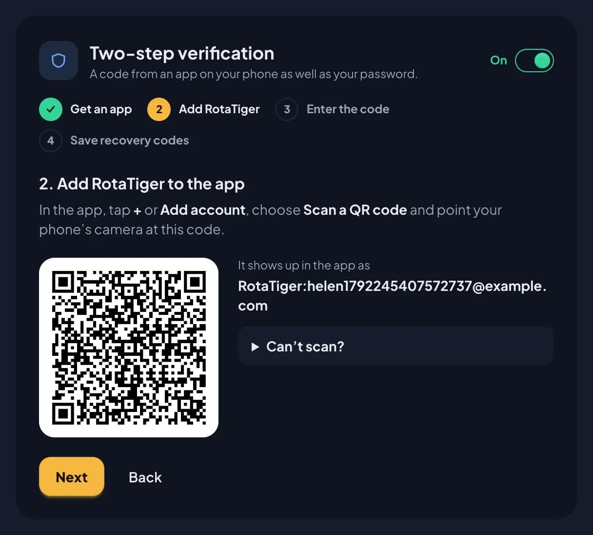 Step 2 of 4, Add RotaTiger to the app: instructions to tap + or Add account and choose Scan a QR code, a QR code, the label it shows up as in the app (RotaTiger followed by an email address), and a Can’t scan? link for typing the key instead