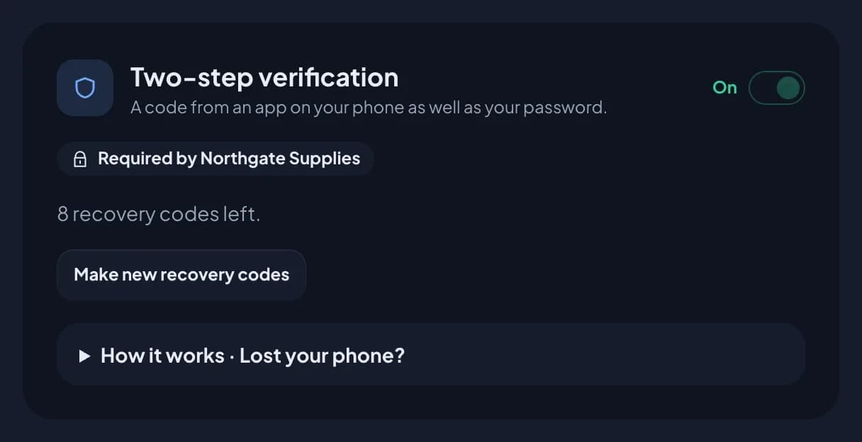 The Two-step verification card for an employee whose company requires it: the switch is on and greyed out, with a padlock badge reading Required by Northgate Supplies, 8 recovery codes left, and a Make new recovery codes button