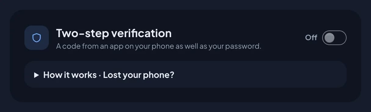 The Two-step verification card at the top of the RotaTiger account page, with its switch set to Off and a link underneath reading How it works · Lost your phone?