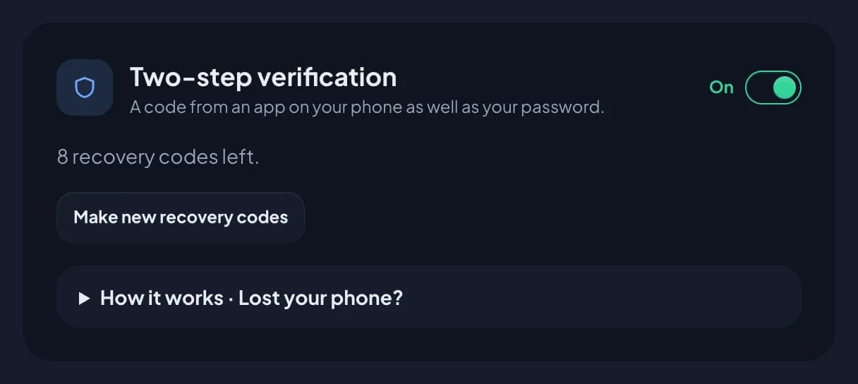 The Two-step verification card with the switch on, the line 8 recovery codes left, a Make new recovery codes button and a How it works · Lost your phone? section