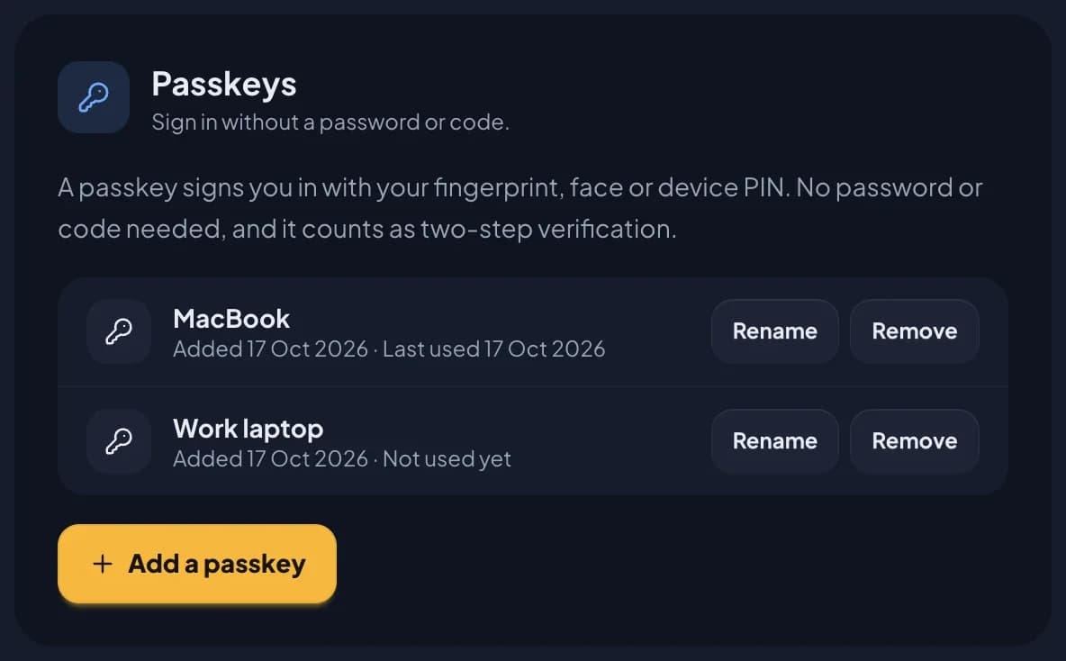 The Passkeys card with two passkeys: MacBook, added 17 Oct 2026 and last used 17 Oct 2026, and Work laptop, added 17 Oct 2026 and not used yet. Each has Rename and Remove buttons, and an Add a passkey button is underneath