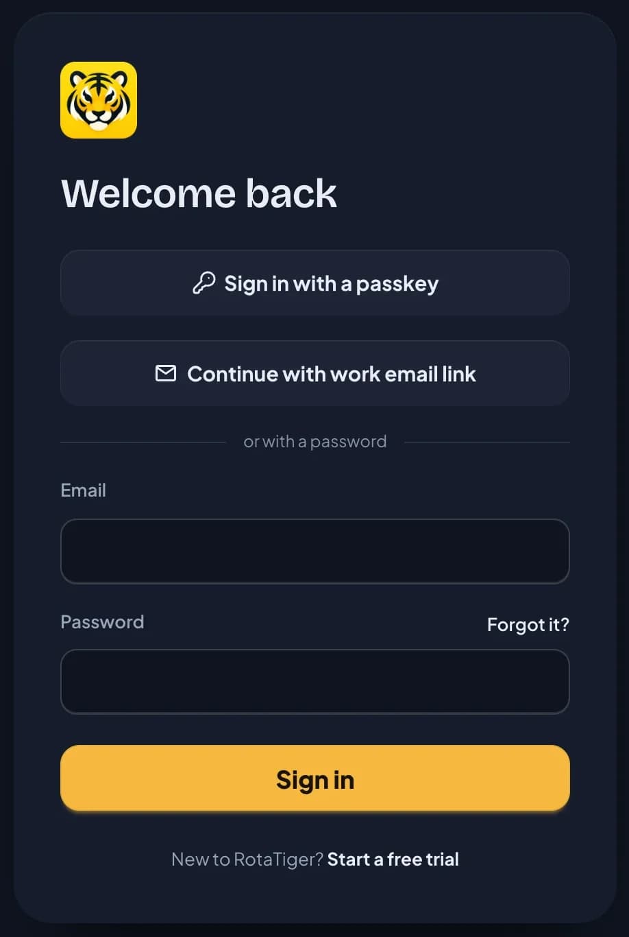 The RotaTiger sign-in page headed Welcome back. Sign in with a passkey is the first button, above Continue with work email link and the email and password boxes