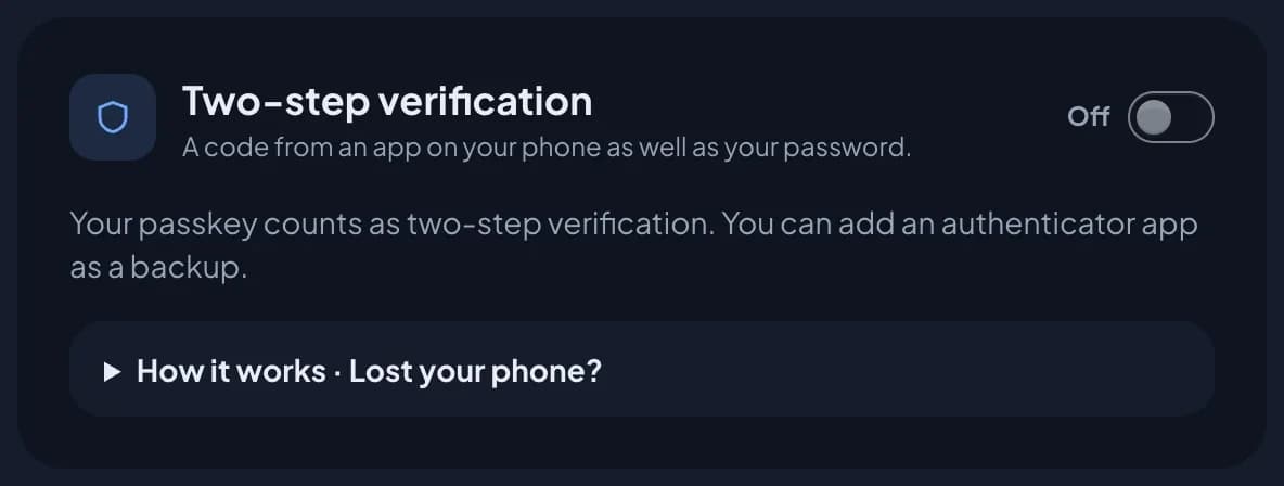 The Two-step verification card for someone with a passkey: the switch is Off, and a line reads Your passkey counts as two-step verification. You can add an authenticator app as a backup